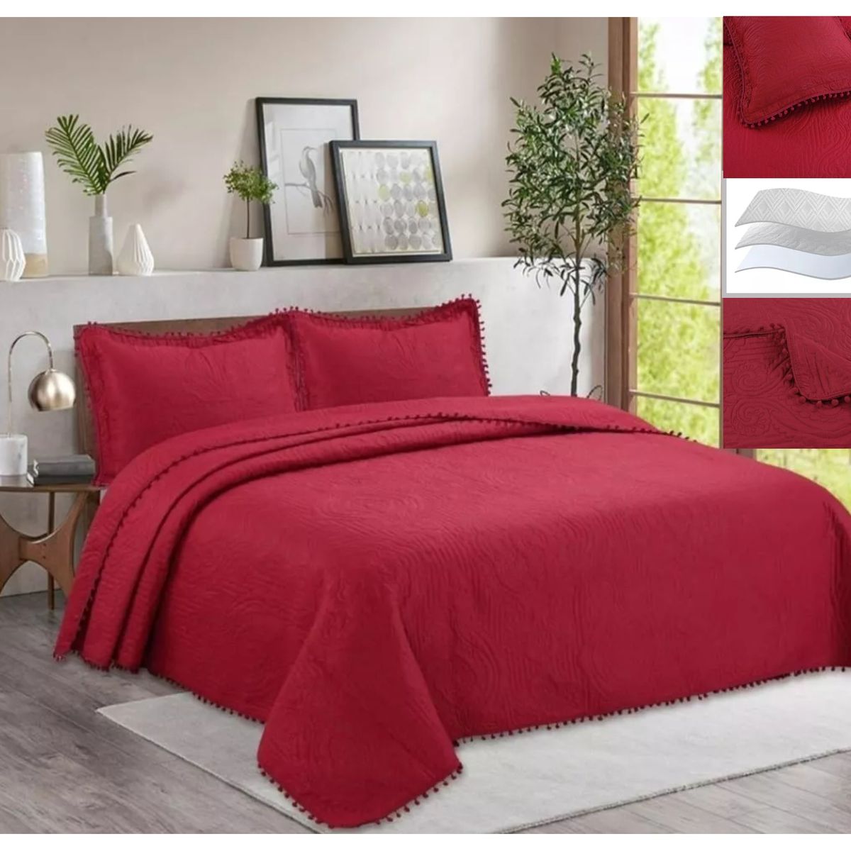 GENERICO - Cubrecama De Verano 1.5 Plaza Unicolor Con Pompón BURDEO (MARIA)