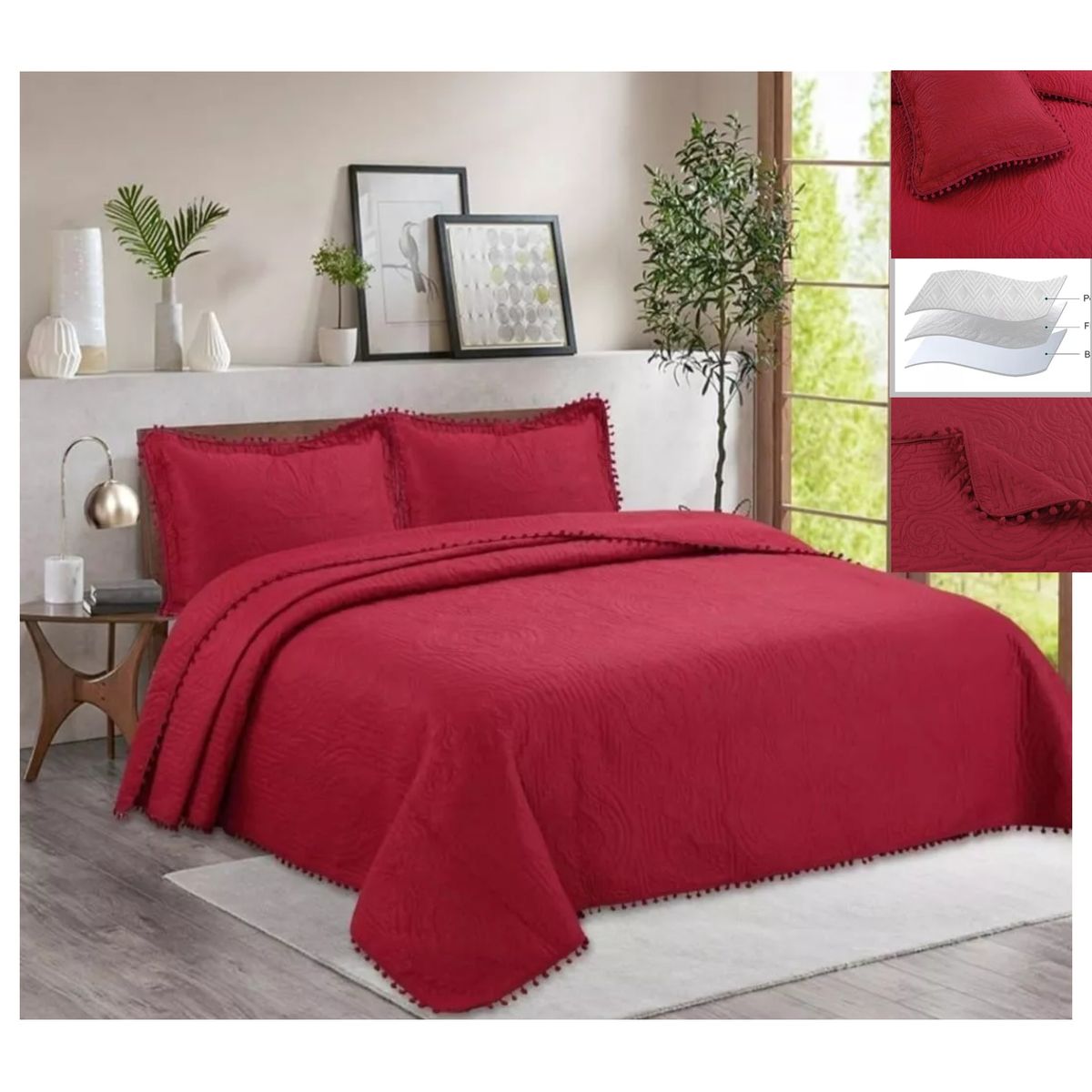 GENERICO - Cubrecama De Verano 1.5 Plaza Unicolor Con Pompón BURDEO (MARIA)