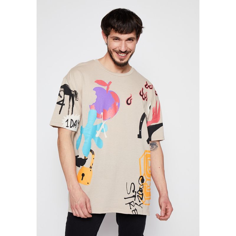 FAMILY SHOP - Polera Hombre Grafiti Figuras Beige Family Shop