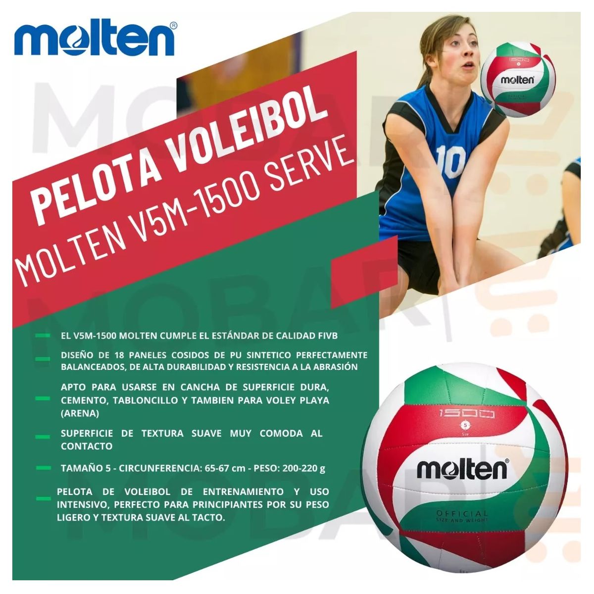 MOLTEN - Balon Voleibol Pelota Volleyball Voley Molten 1500 Serve N°5