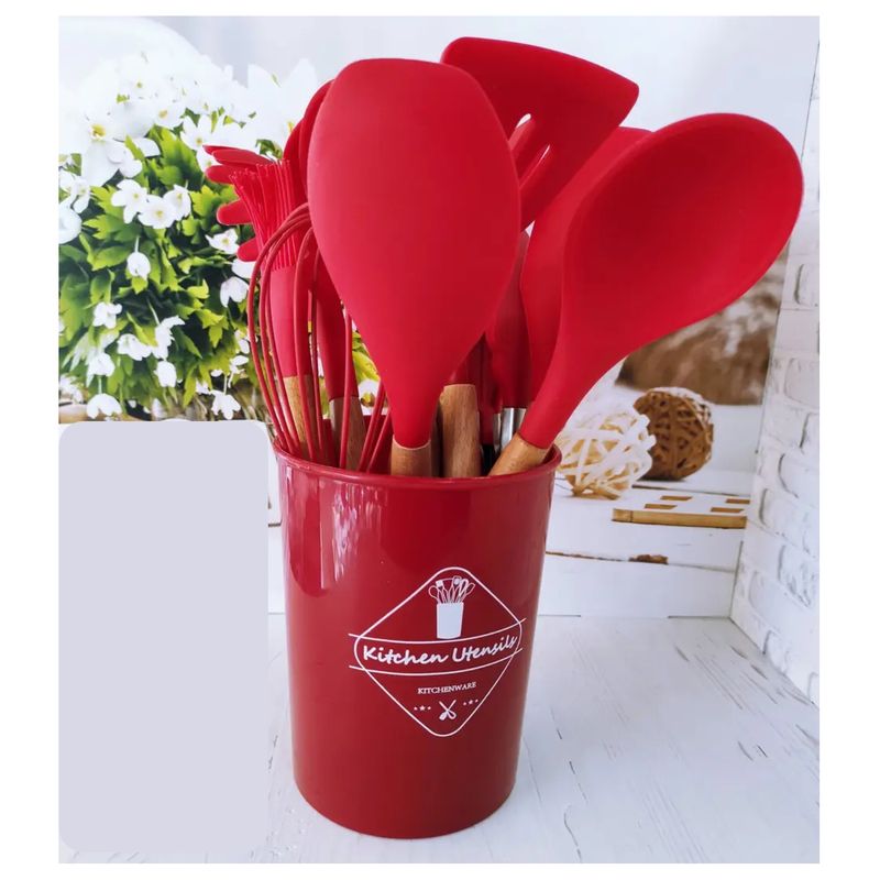 GENERICO - Juego Utensilios De Cocina Silicona Antiadherentes 12 PIEZAS rojo