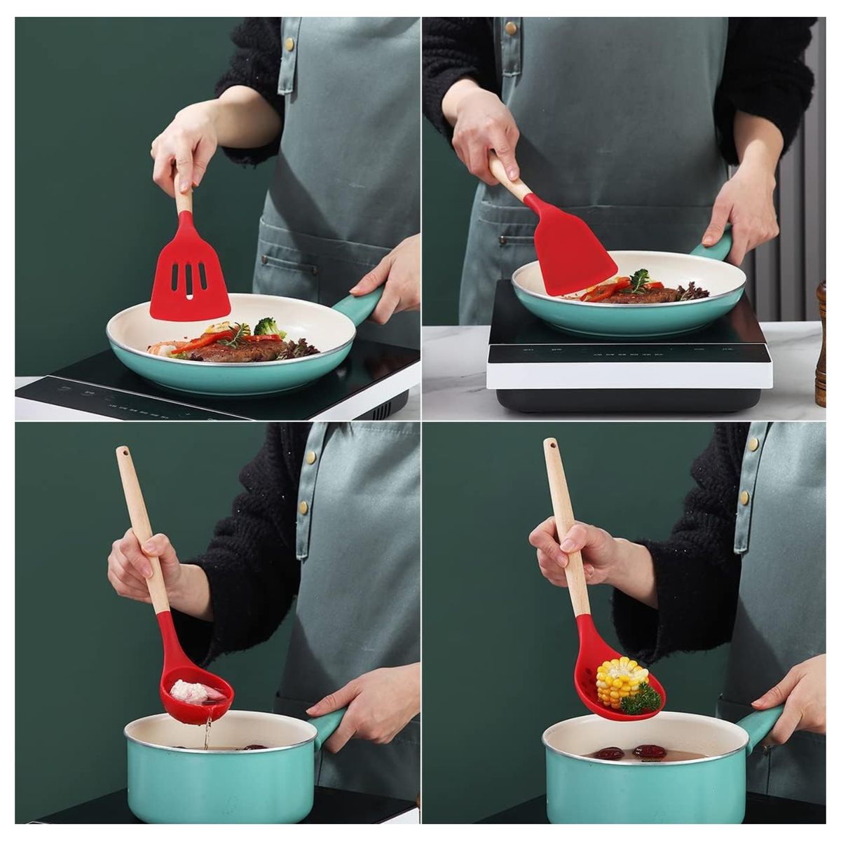 GENERICO - Juego Utensilios De Cocina Silicona Antiadherentes 12 PIEZAS rojo