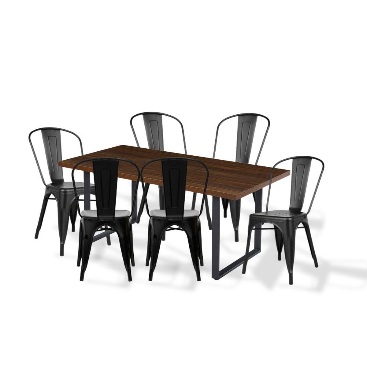 KLIK - Comedor Industrial 160x90 Madera Oscura Walnut + 6 Sillas Tolix Negras