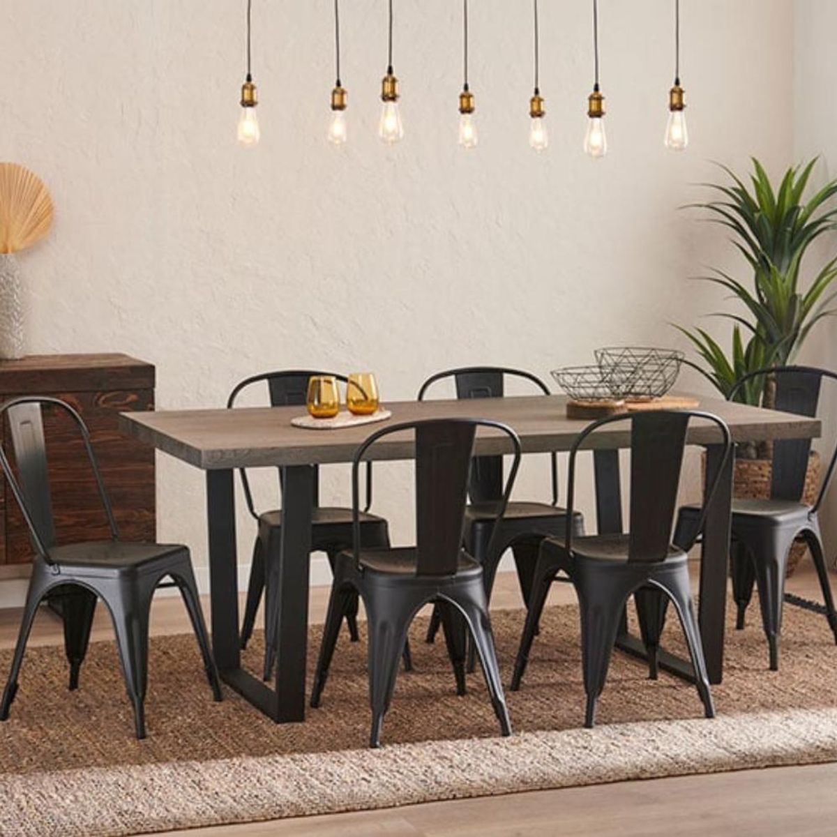 KLIK - Comedor Industrial 160x90 Madera Oscura Walnut + 6 Sillas Tolix Negras