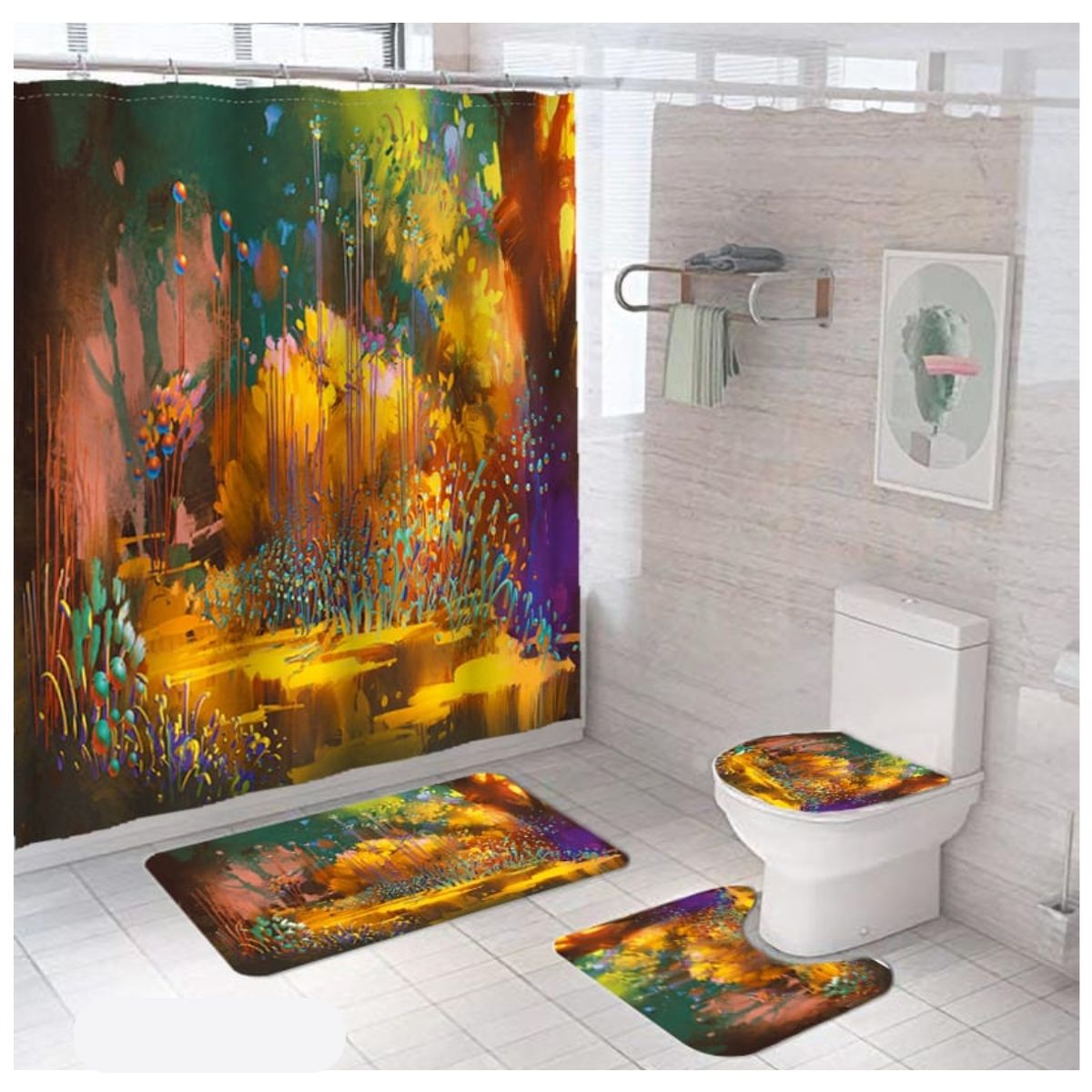 GENERICO - SET de baño 4 piezas CON HERMOSO DISEÑO BOSQUE CALIDO