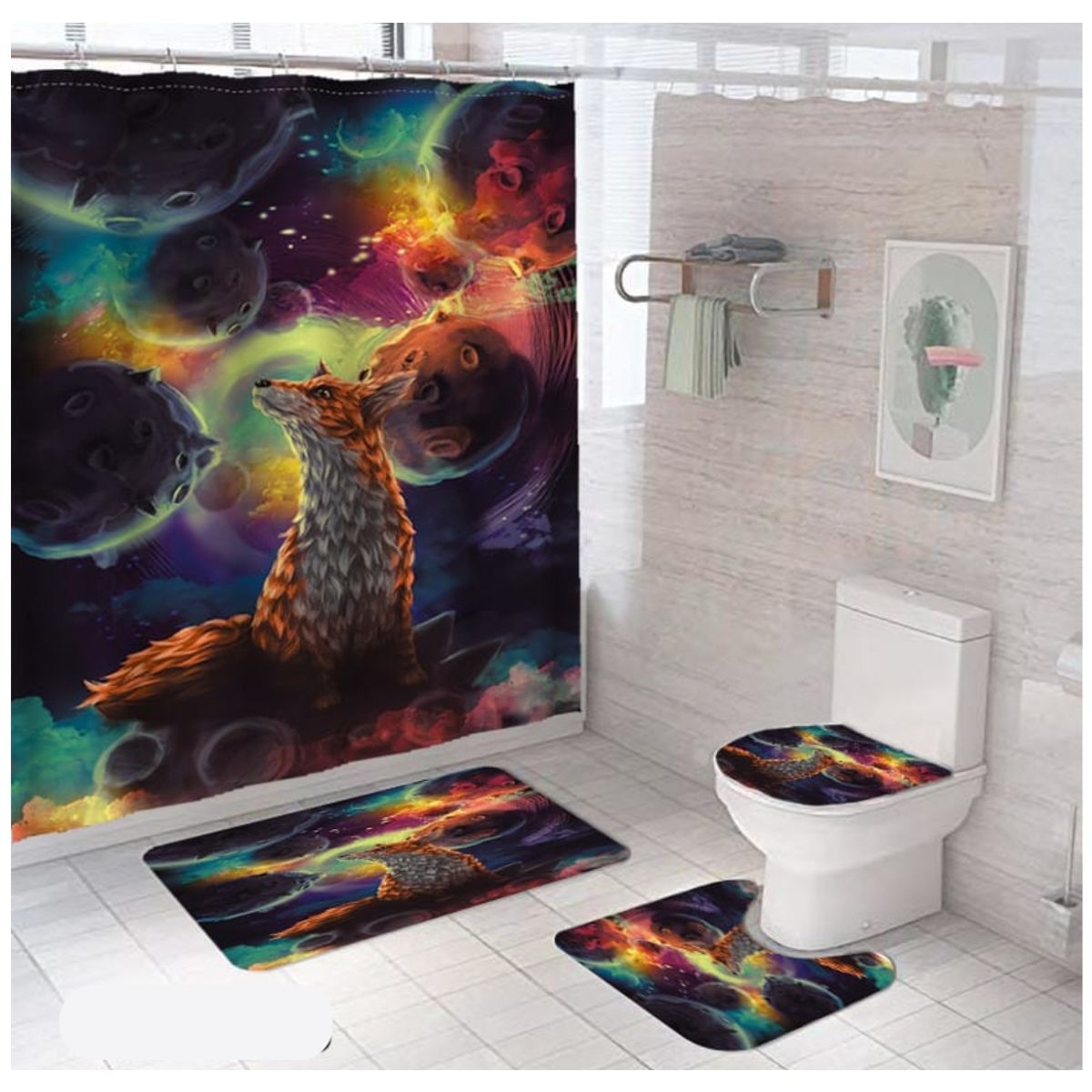 GENERICO - SET de baño COMPLETO 4 piezas CON DISEÑO LOBO ESPACIAL