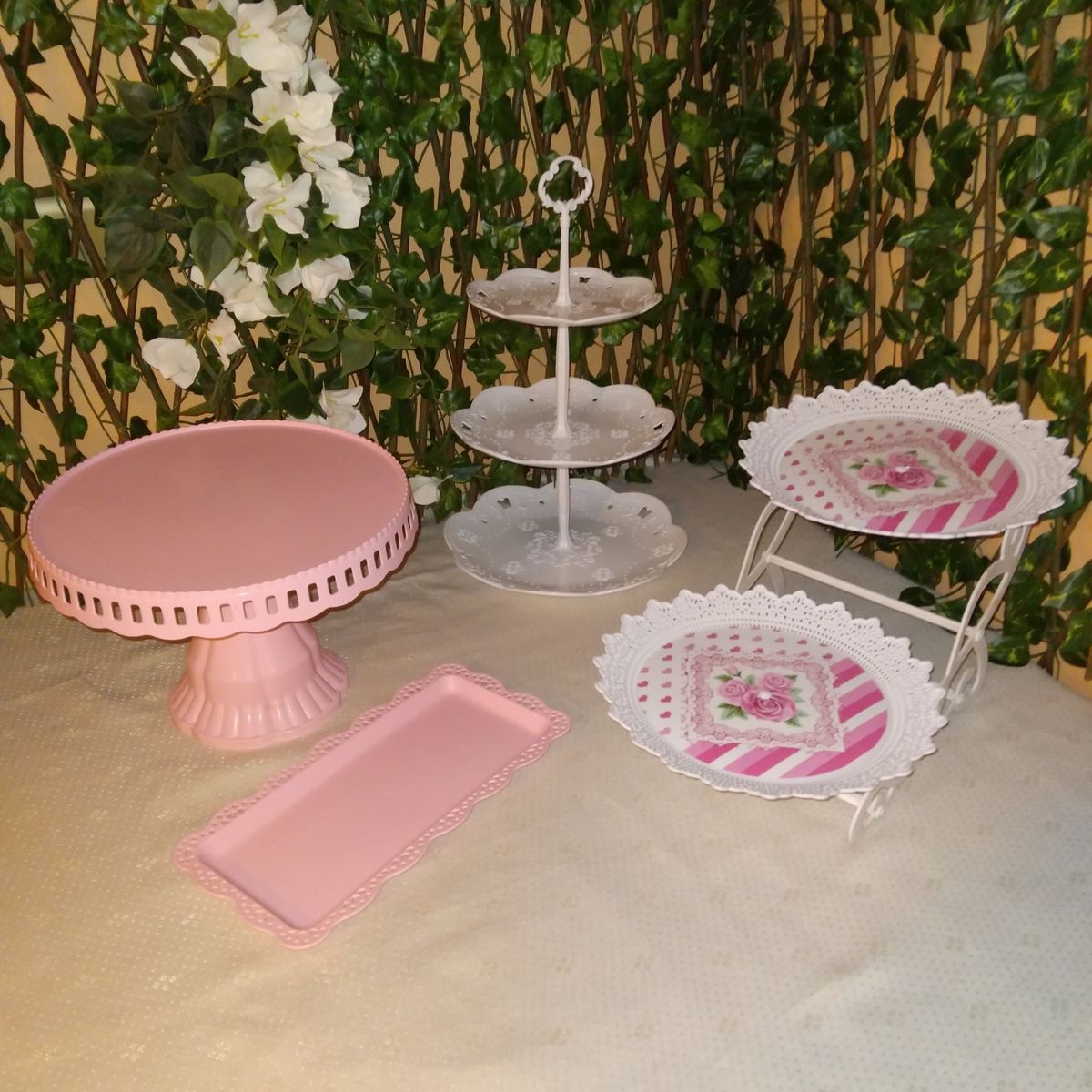 GENERICO - Set 4 Piezas Candy Bar (Porta Torta, Porta Cupcake, Bandeja) - Rosado