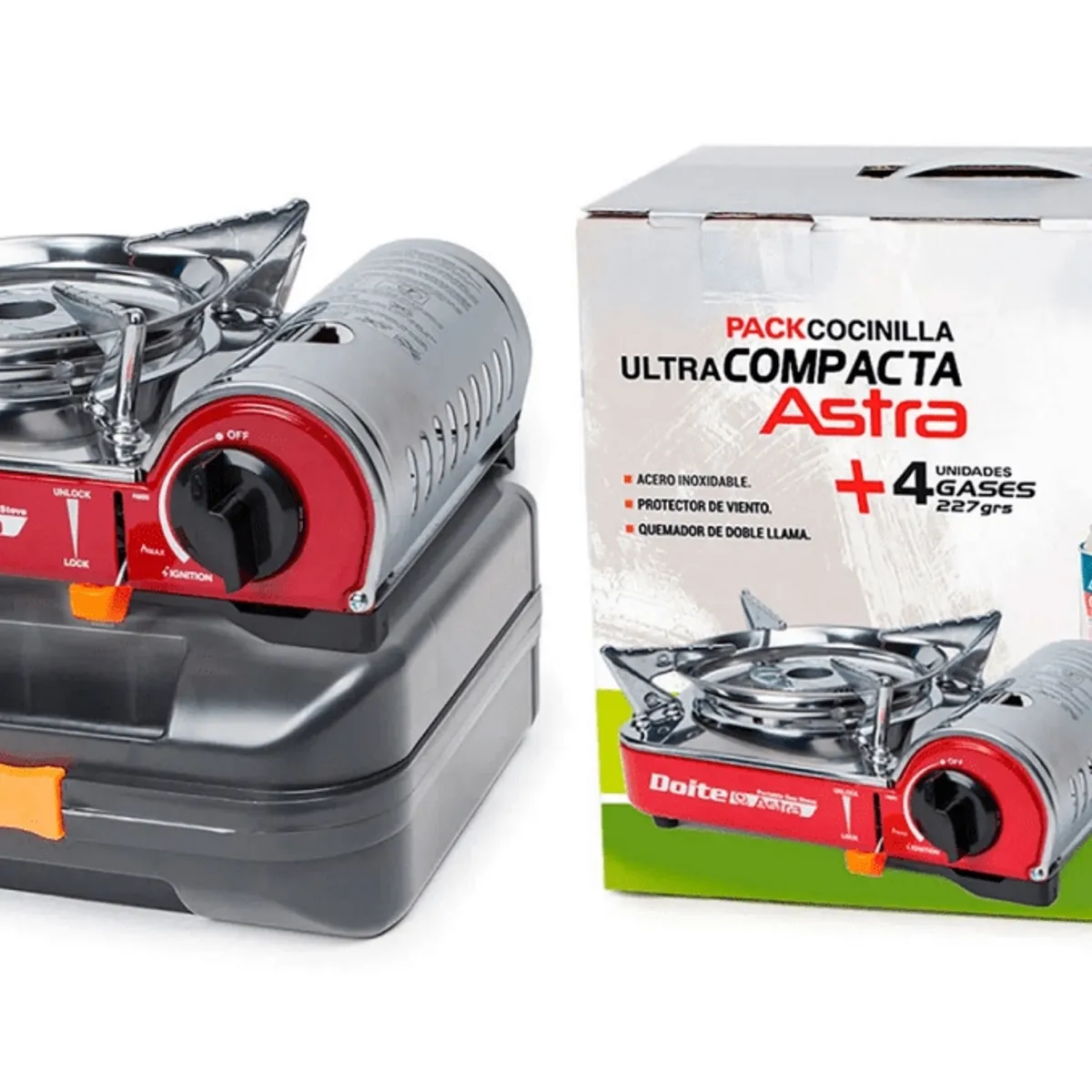 DOITE - COCINILLA CAMPING ASTRA + 4 LATAS GAS + MALETIN