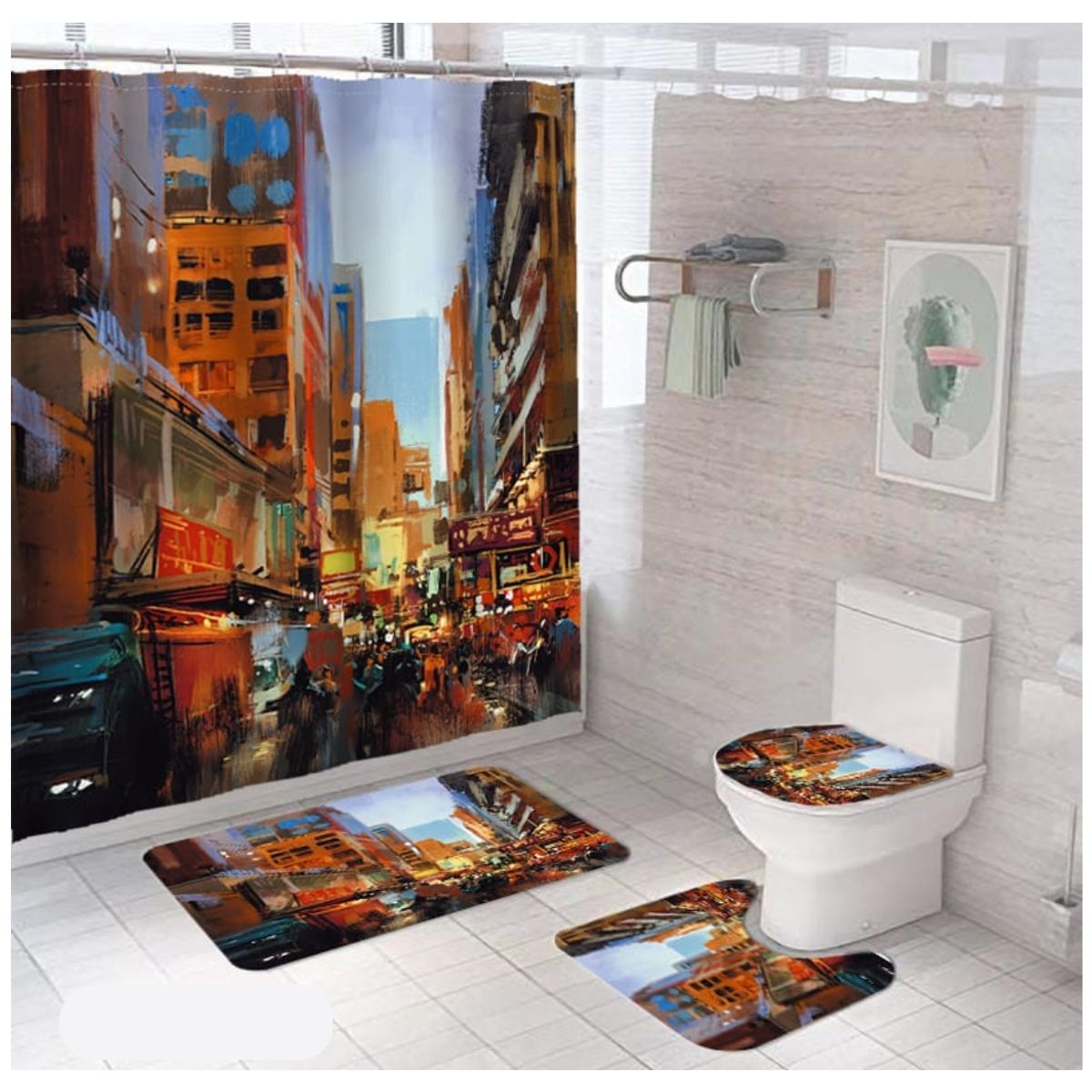 GENERICO - SET de baño COMPLETO 4 piezas CON DISEÑO CALLES BONITA