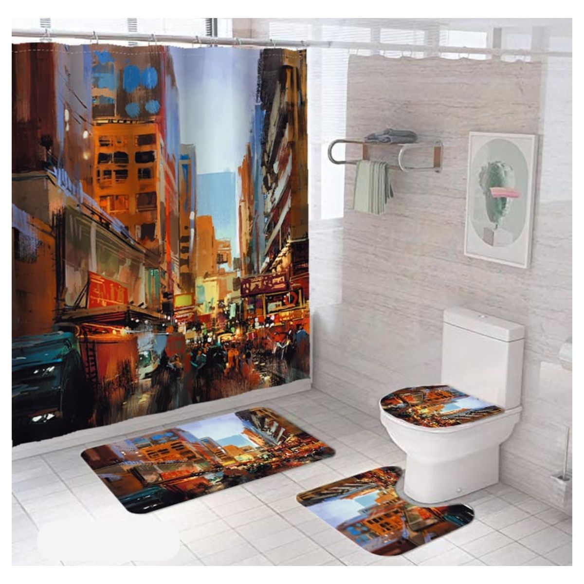 GENERICO - SET de baño COMPLETO 4 piezas CON DISEÑO CALLES BONITA