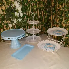 GENERICO - Set 4 Piezas Candy Bar (Porta Torta, Porta Cupcake, Bandeja) - Celeste