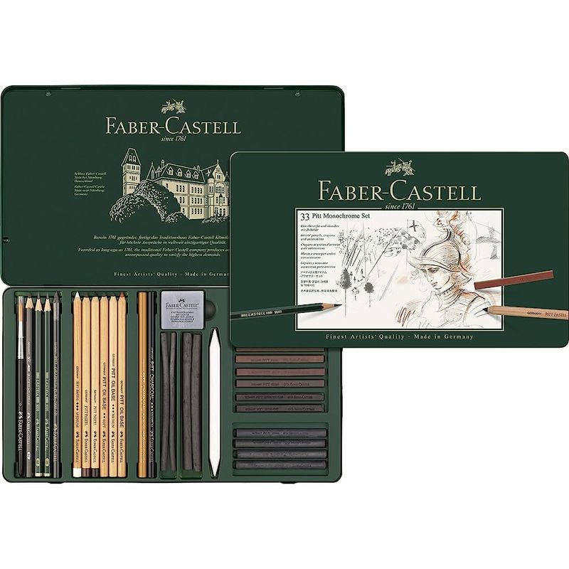 FABER-CASTELL - Estuche de metal con 33 piezas Pitt Monochrome