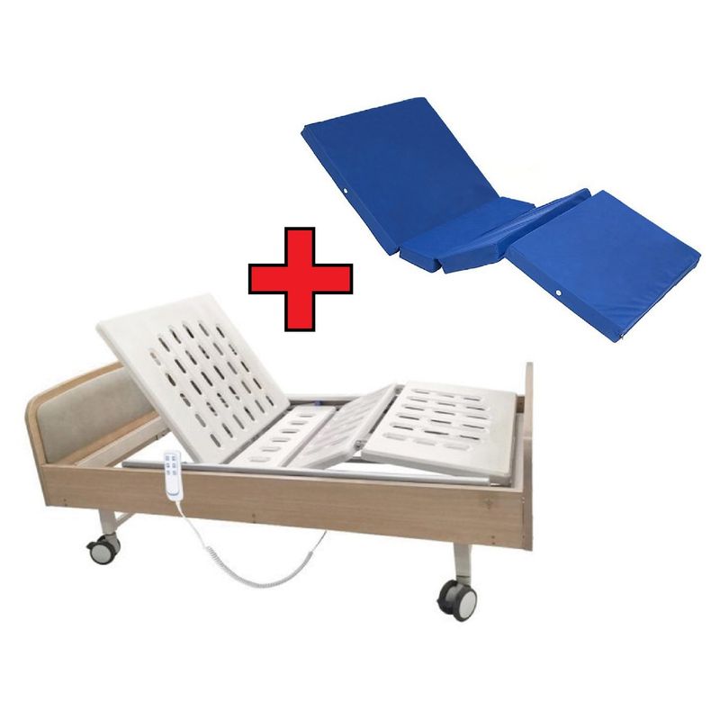 FIRST CARE - CAMA CLÍNICA ELÉCTRICA 4 POSICIONES HOME PRO MADERA + COLCHÓN