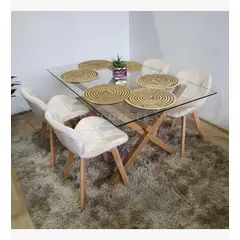CORI CORI - Juego de Comedor Mesa Medlock Vidrio 140x90 + 4 Silla Mariposa Velvet Beige