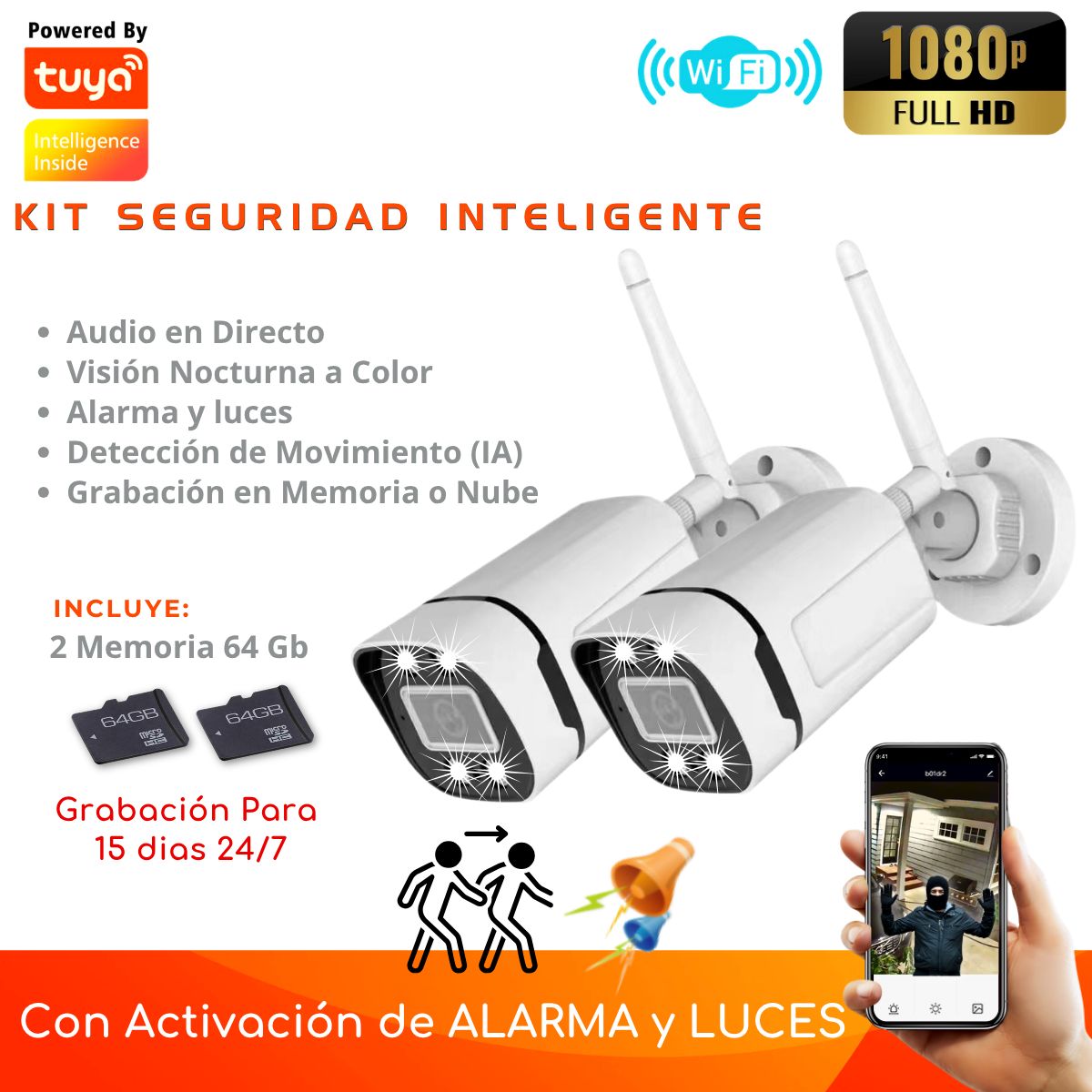 D MOTICA - Kit 2 Cámara Wifi Inteligente Full HD-Audio-Detección Movimiento + Memorias