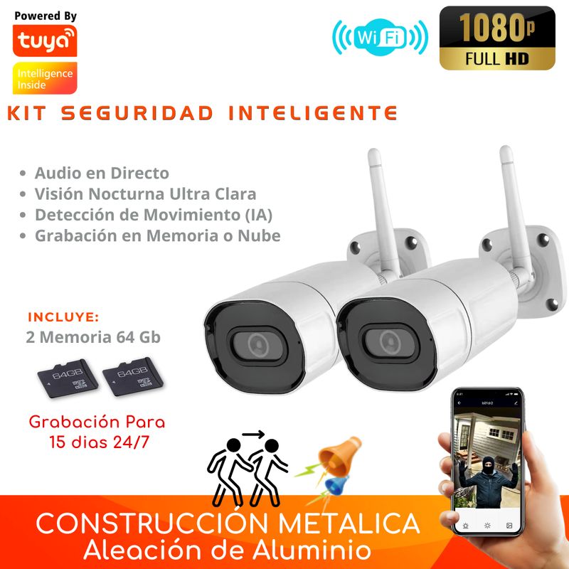 D MOTICA - Kit 2 Cámara Wifi Inteligente Full HD-Audio-Detección Movimiento + Memorias