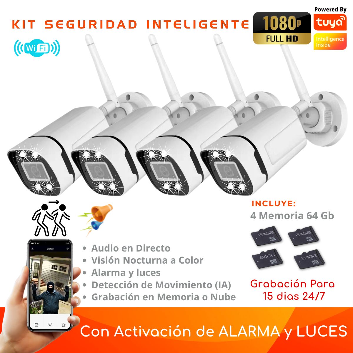 D MOTICA - Kit 4 Cámara Wifi Inteligente Full HD-Audio-Detección Movimiento + Memorias