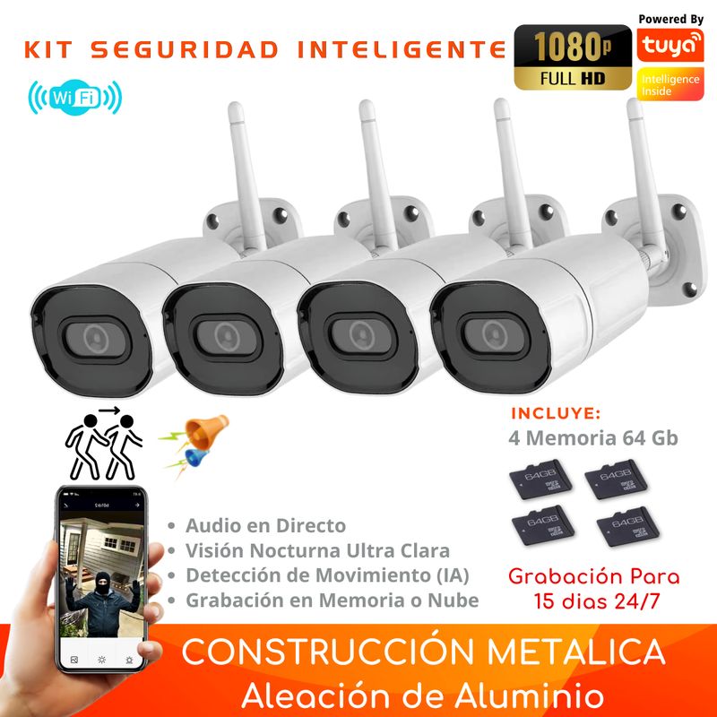 D MOTICA - Kit 4 Cámara Wifi Inteligente Full HD-Audio-Detección Movimiento + Memorias