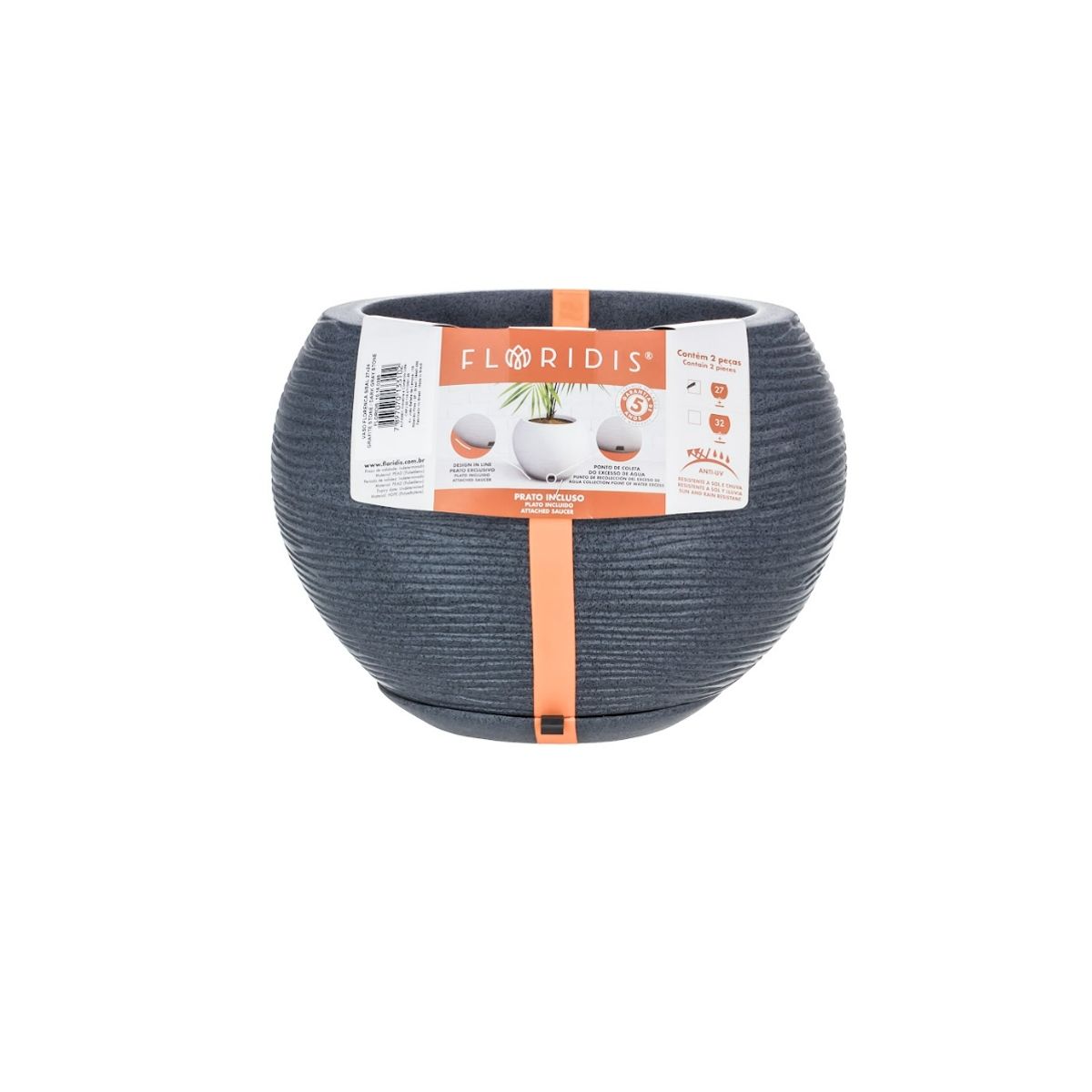 FLORIDIS - MACETERO FLORIDIS GRAFITO FLORENCIA 19CM ALTO CON PLATO