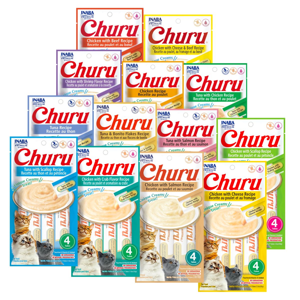 INABA - Churu Gatos - Pack 13 Variedades - 52 tubitos - Snack Premio