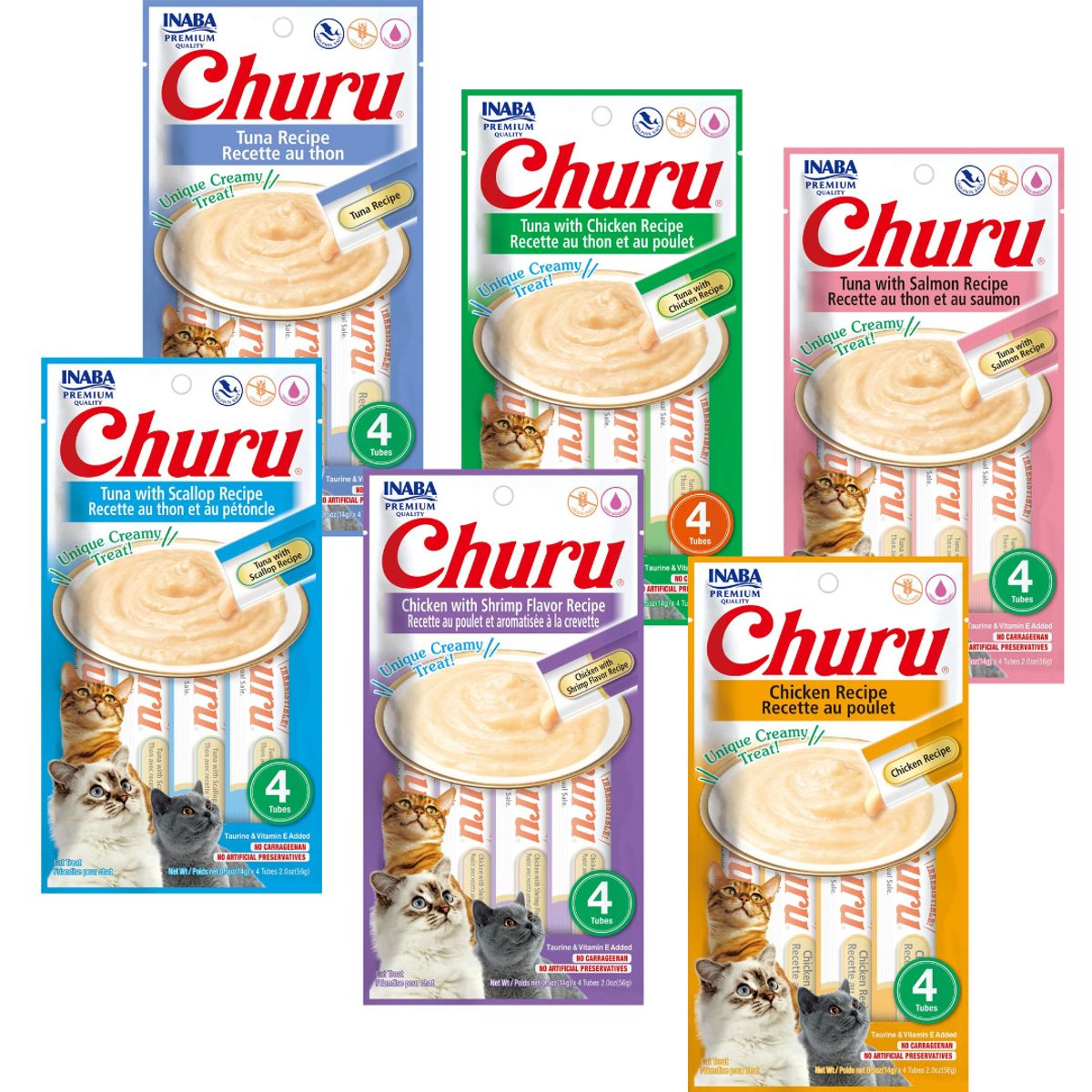 INABA - Churu Gatos - Pack 13 Variedades - 52 tubitos - Snack Premio