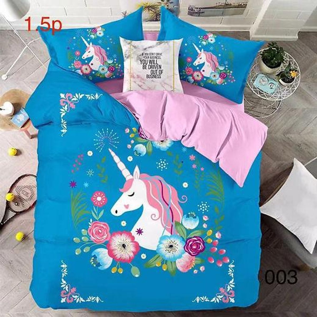 GENERICO - Cubrecama Quilt Verano 1 1/2 plaza - Celeste Unicornio 003