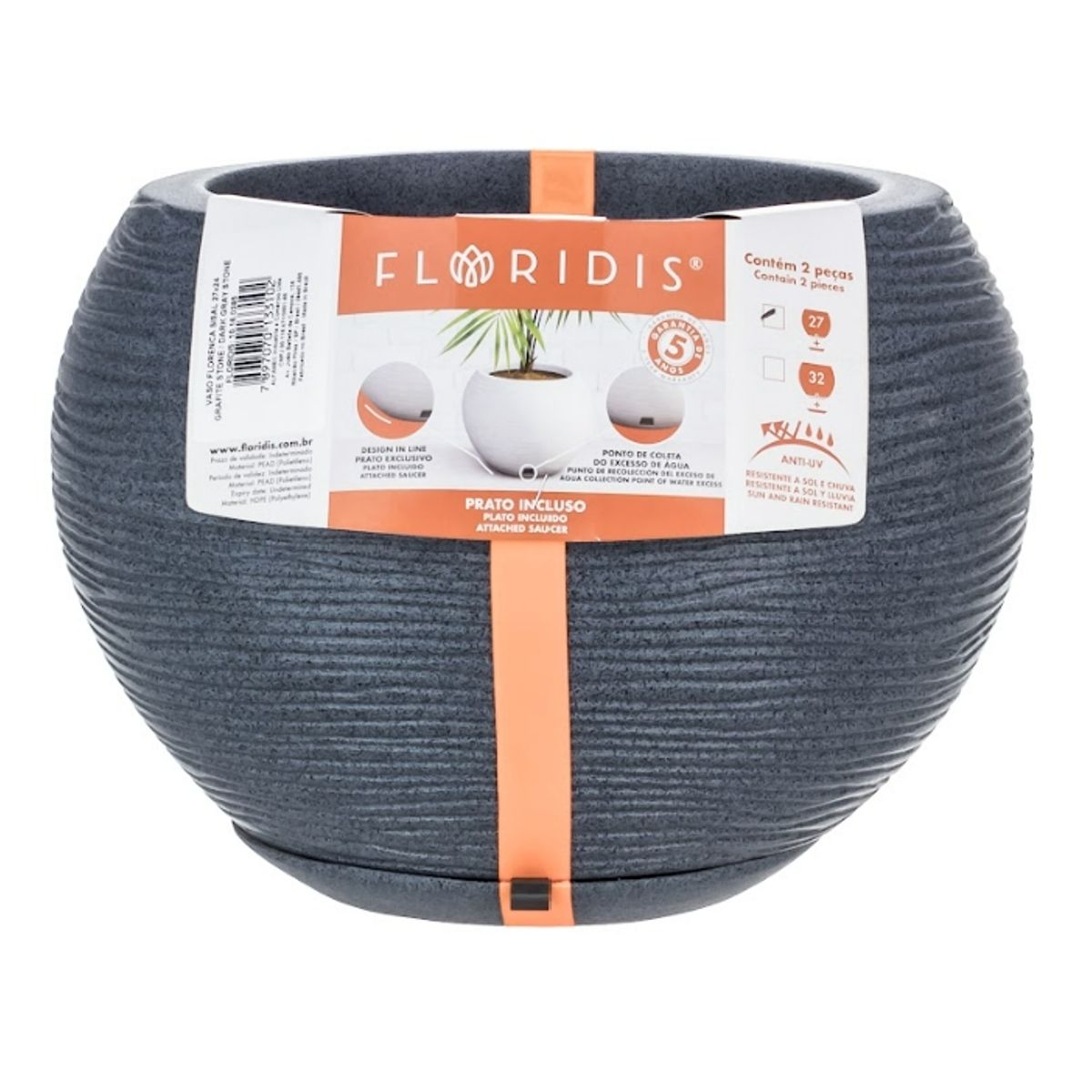 FLORIDIS - MACETERO FLORIDIS GRAFITO FLORENCIA 24CM ALTO CON PLATO