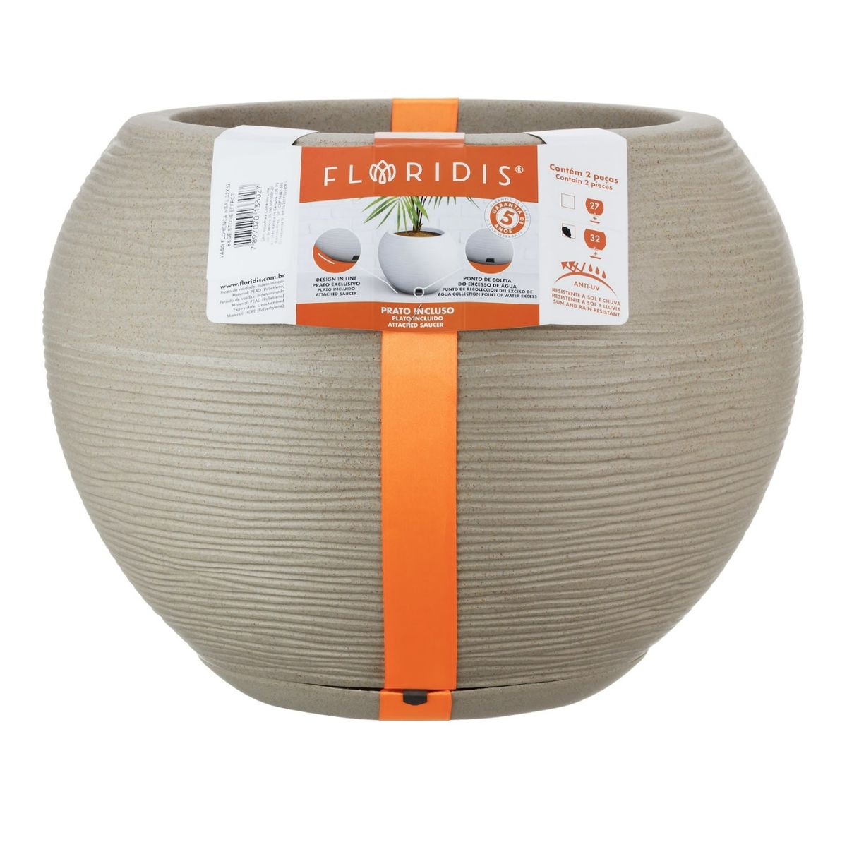 FLORIDIS - MACETERO FLORIDIS BEIGE EFECTO PIEDRA 32CM ALTO CON PLATO