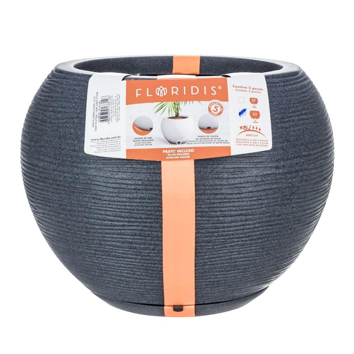 FLORIDIS - MACETERO FLORIDIS GRAFITO FLORENCIA 32CM ALTO CON PLATO