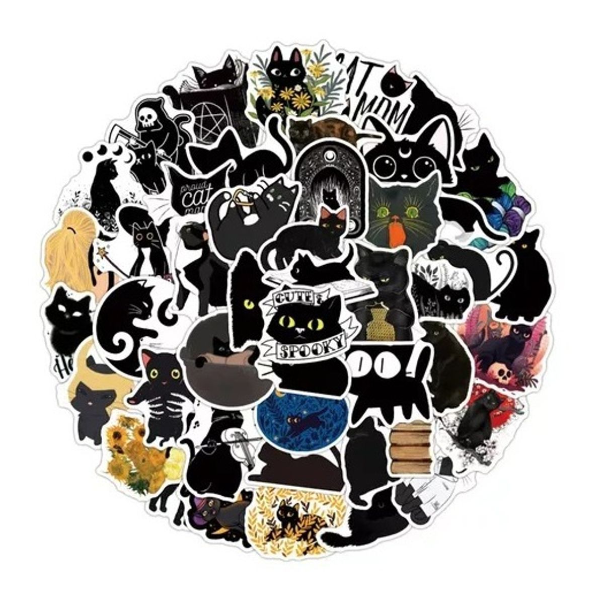 GARSIL - 50 Stickers De Gatos Negros Kawaii A8 - Etiquetas Autoadhesivas