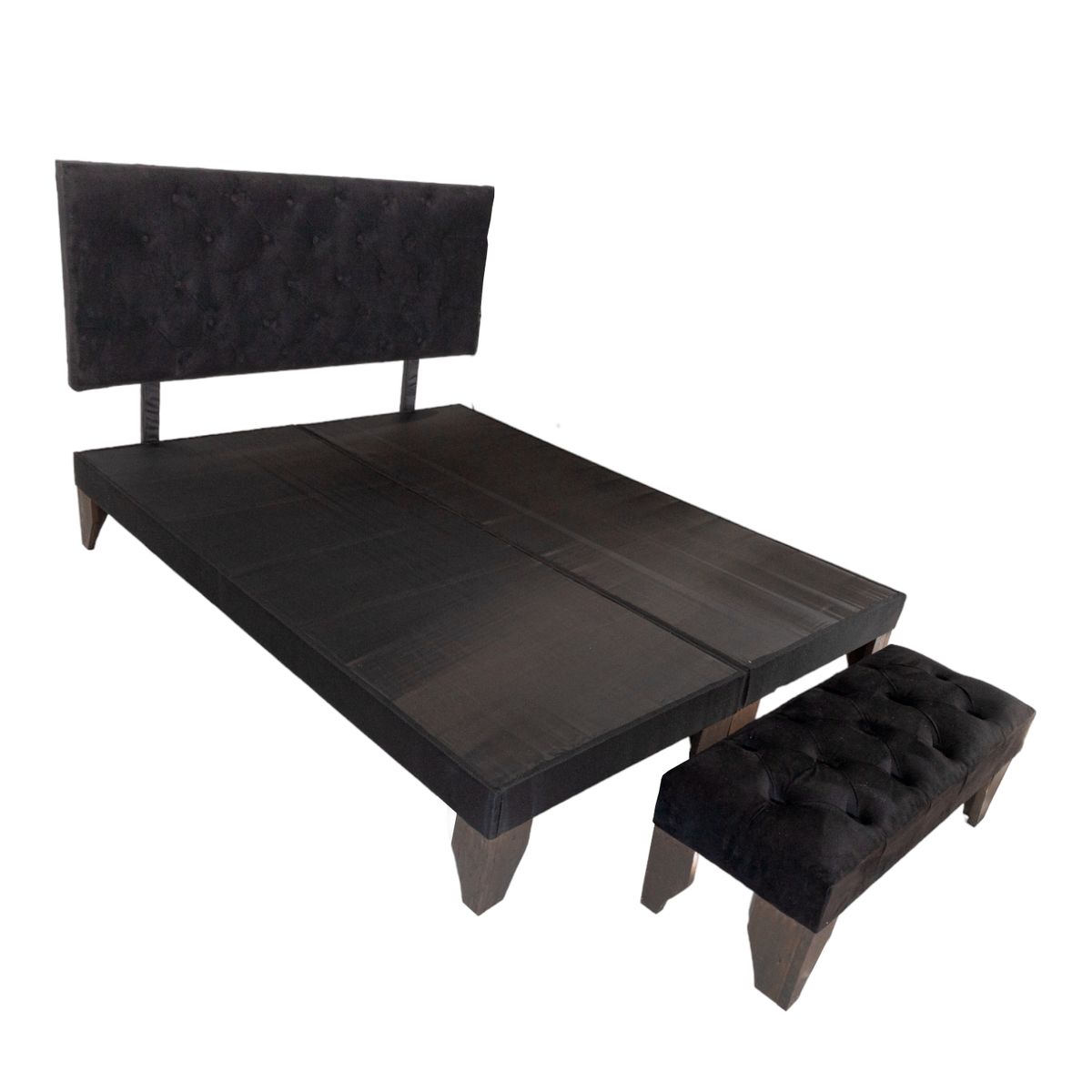 GENERICO - CAMA EUROPEA 2 PLAZAS BASE, RESPALDO Y BANQUETA NEGRO FELPA