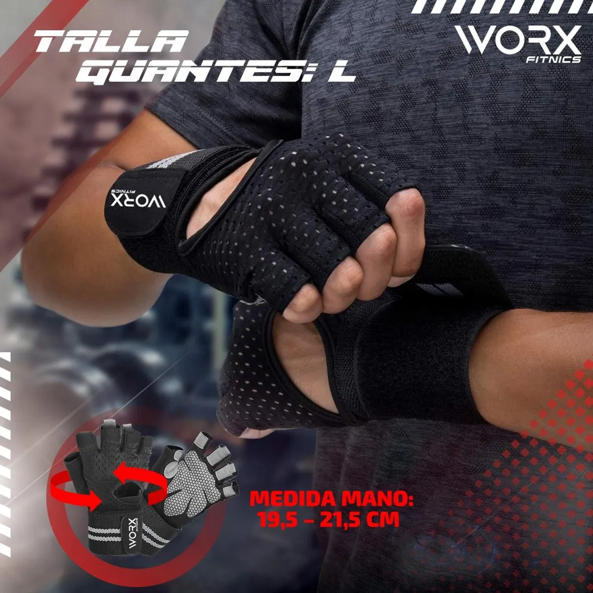 WORX - Guantes Entrenamiento Con Muñequera Pesas Gym - Negro - L