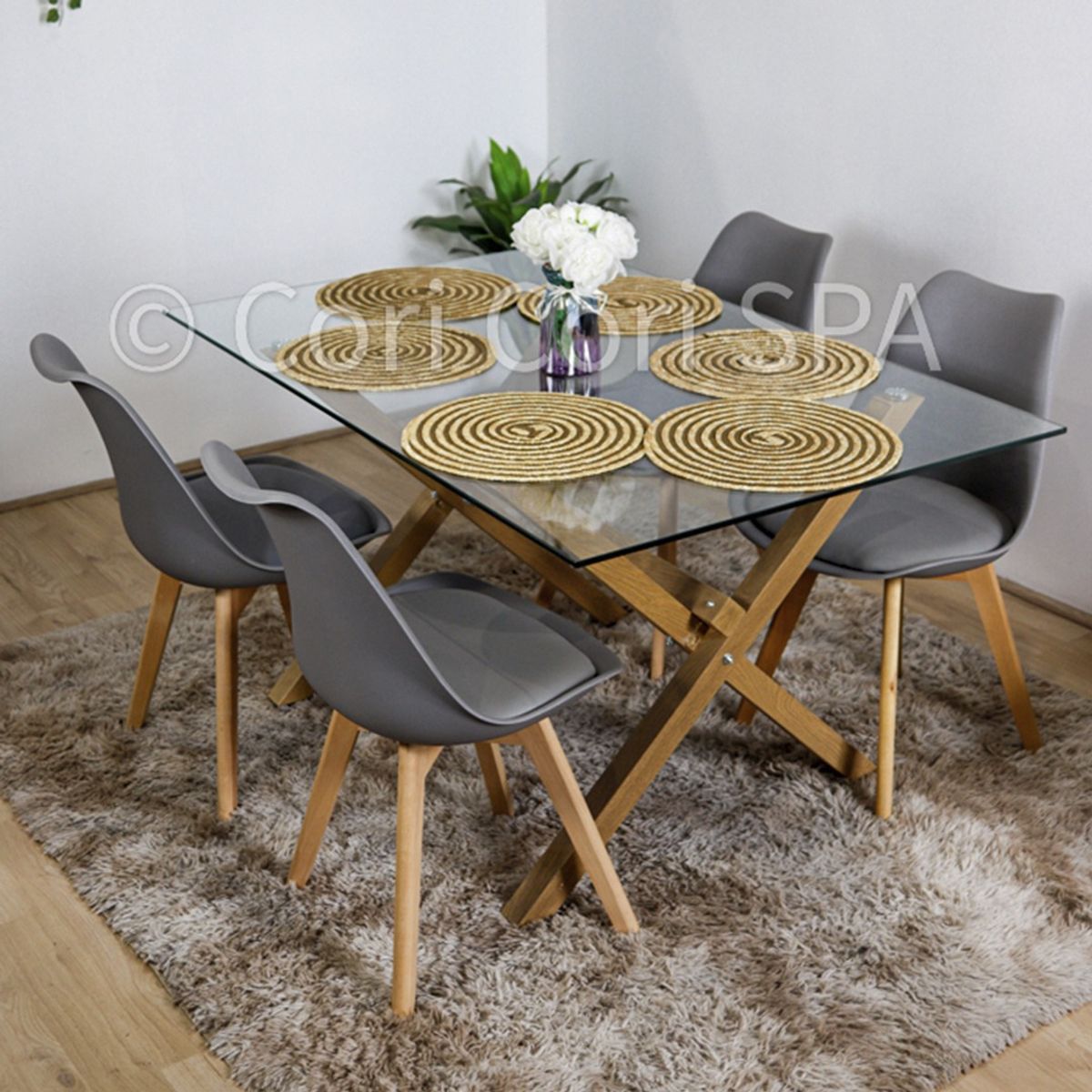 CORI CORI - Juego de Comedor Medlock Vidrio 140x90 + 4 Sillas Tulip Grises
