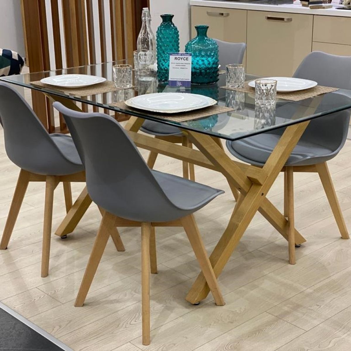 CORI CORI - Juego de Comedor Medlock Vidrio 140x90 + 4 Sillas Tulip Grises