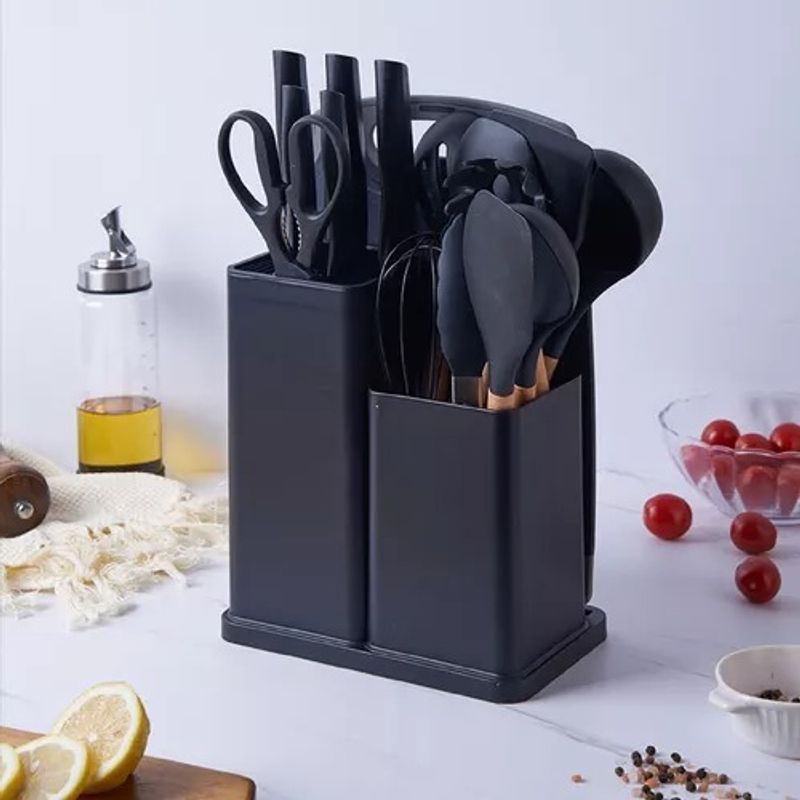 GENERICO - Juego de Utensilios Silicona Con Soporte de Madera Para Cocina Negro