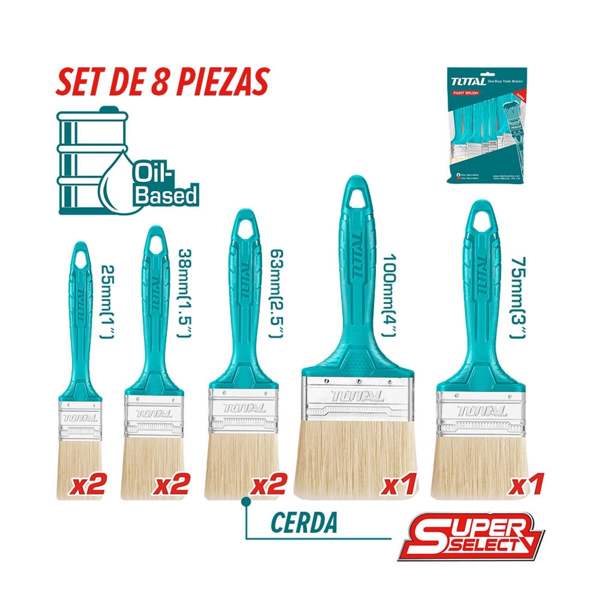 TOTAL TOOLS - Set de Brochas 8 Piezas TOTAL