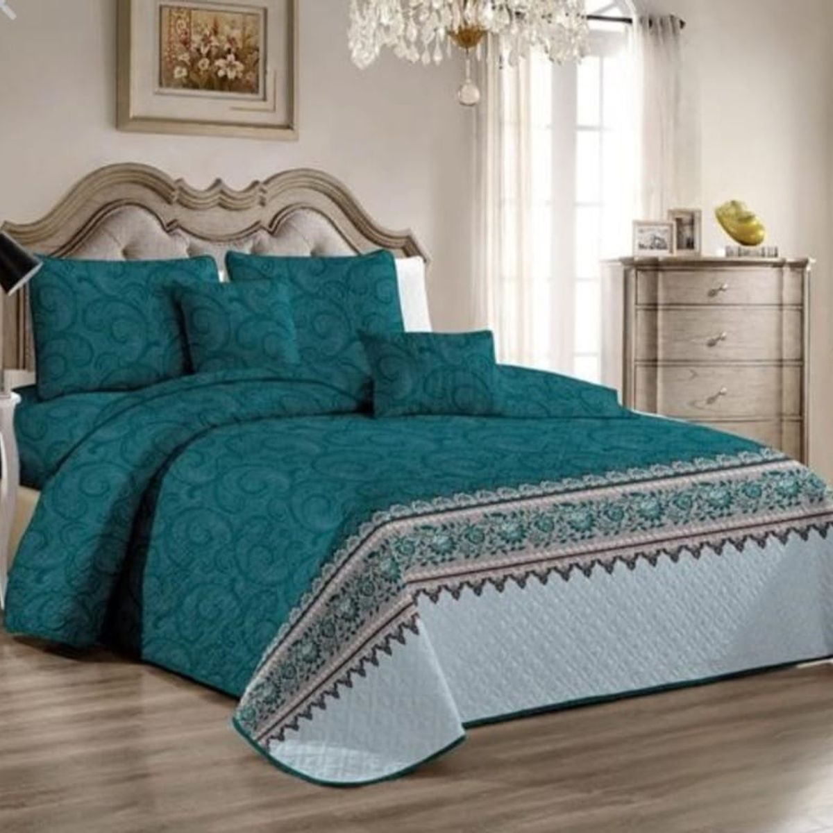 GENERICO - Quilt de Verano 1.5 Plaza. Verde con Diseño C3016