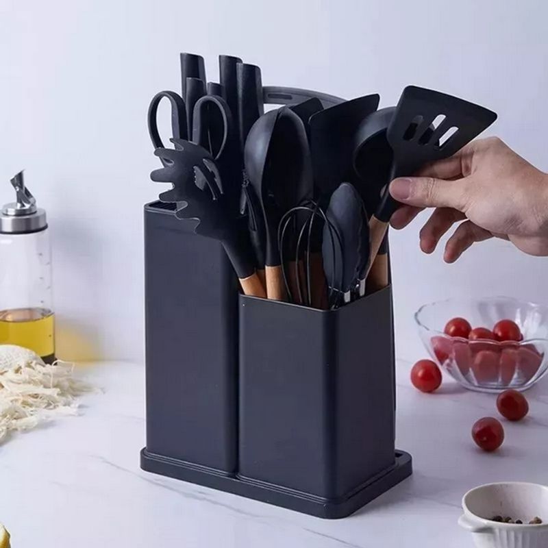 GENERICO - Set De Cocina Juego De Utensilios De Silicona Negro Soporte Madera