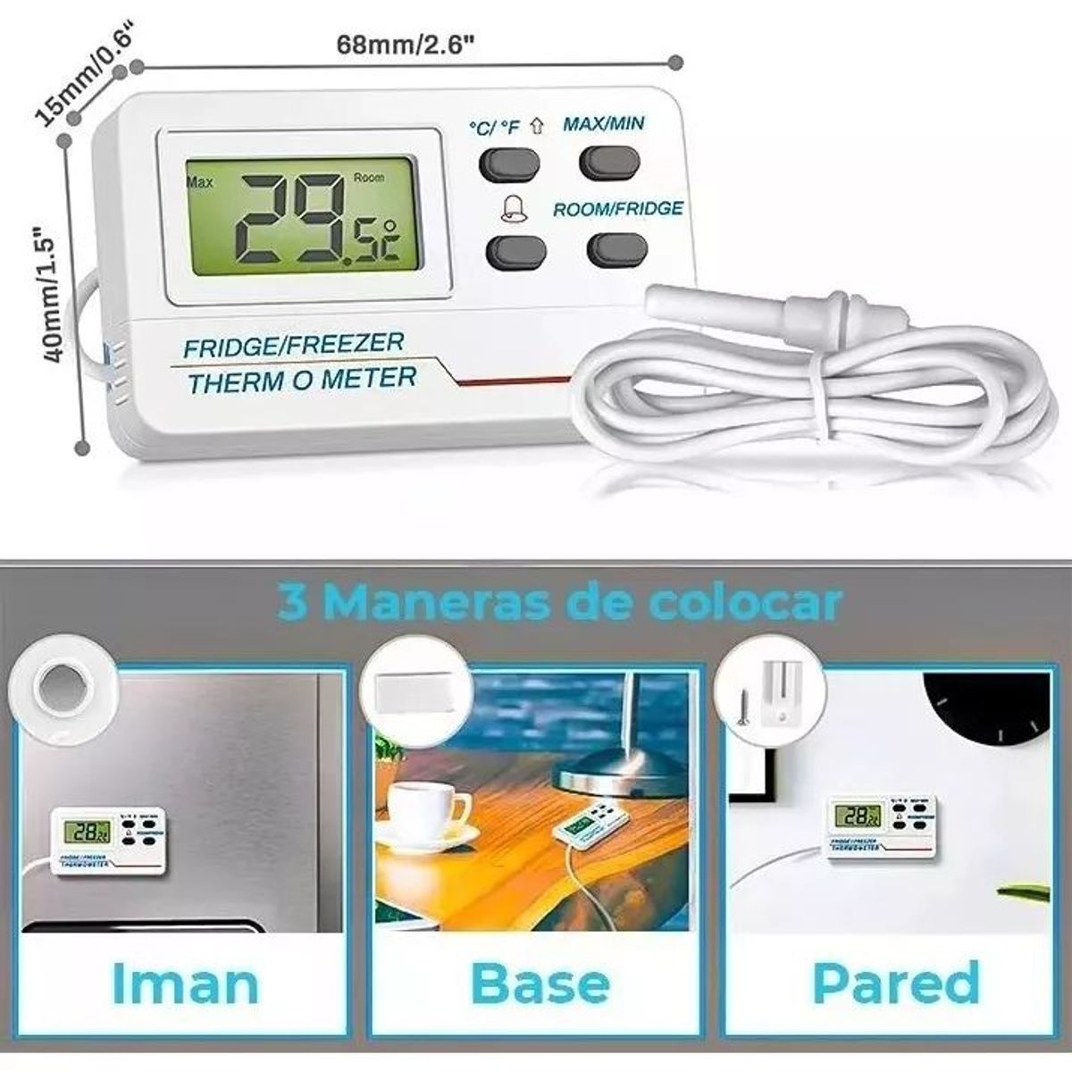 KUANGYE - Termometro Digital Refrigerador Sonda Alarma Max Min C°f°b