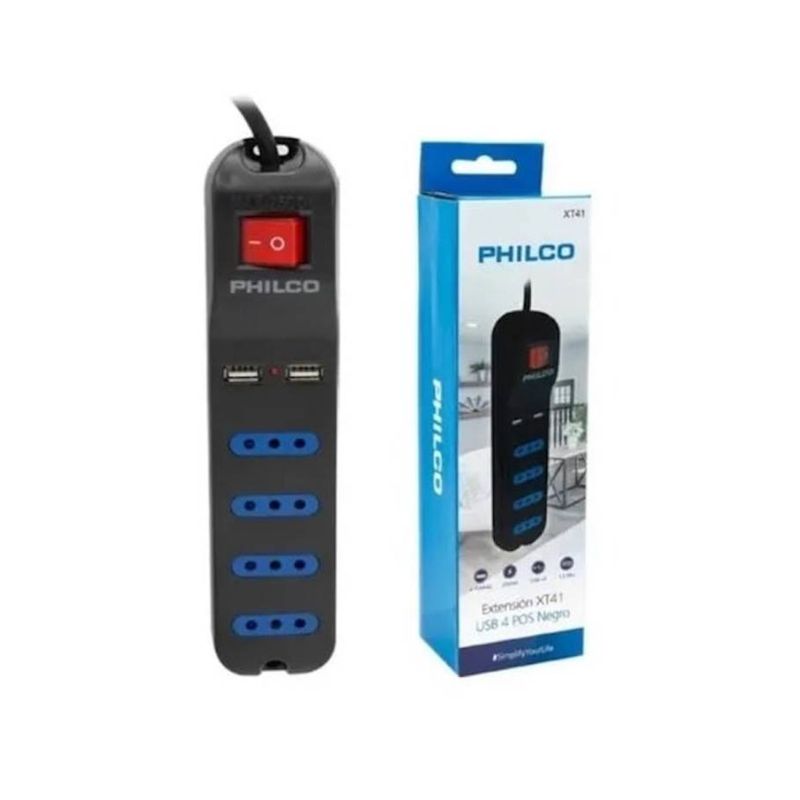 PHILCO - ALARGADOR EXTENSION SWITCH XT41 USB 4 PUERTOS 1,5 METROS NEGRO