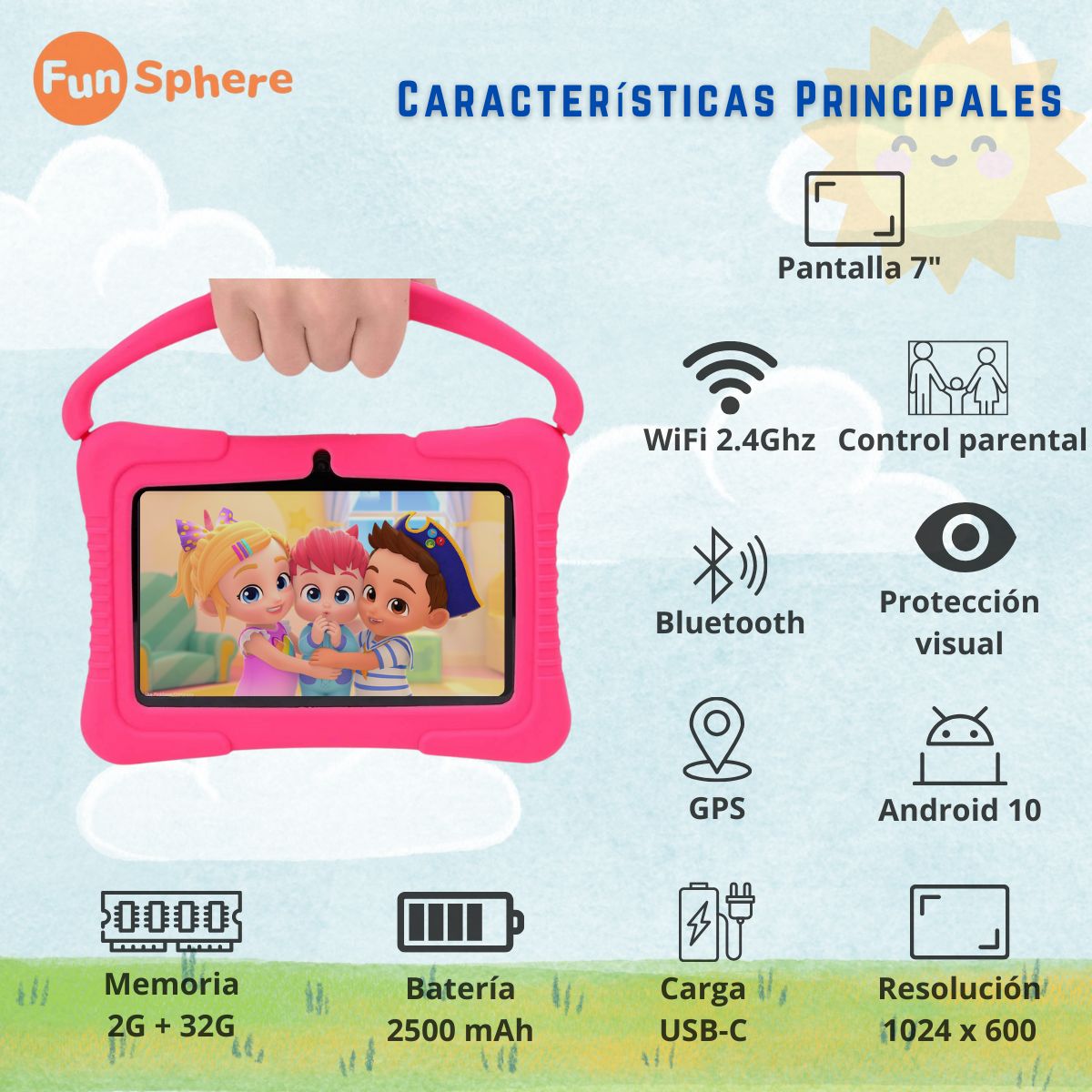 GENERICO - Tablet para Niños 7 Pulg. WiFi Playstore Control Parental Harmonik Rosada