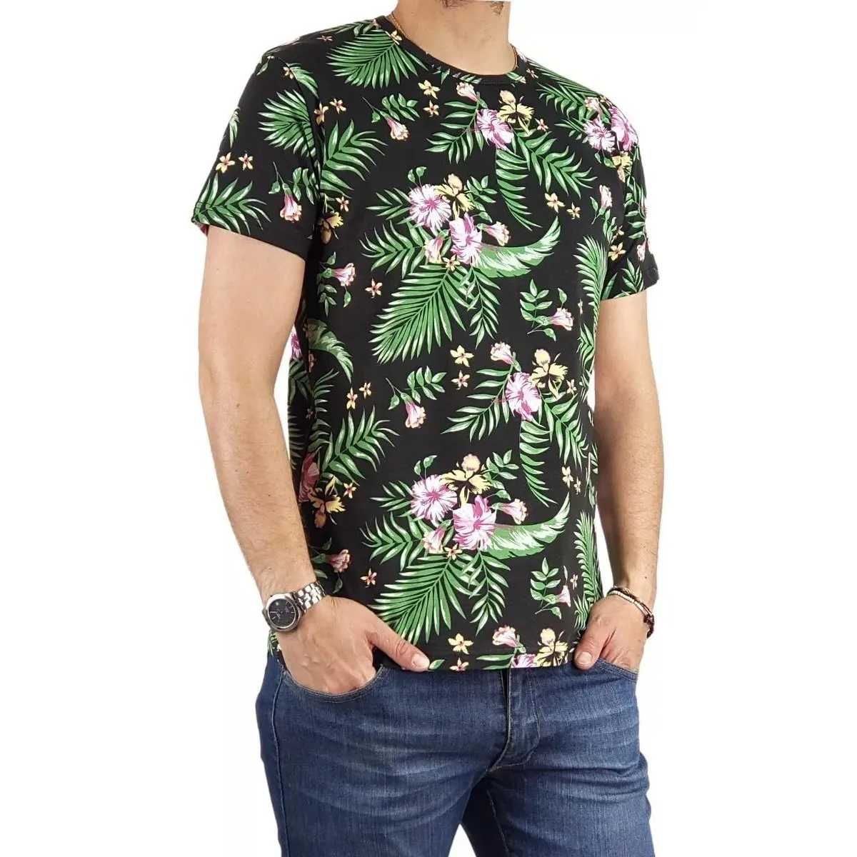 LOOK SHOP - Polera Manga Corta Algodón Diseño Tropical Playera. Calidad 229