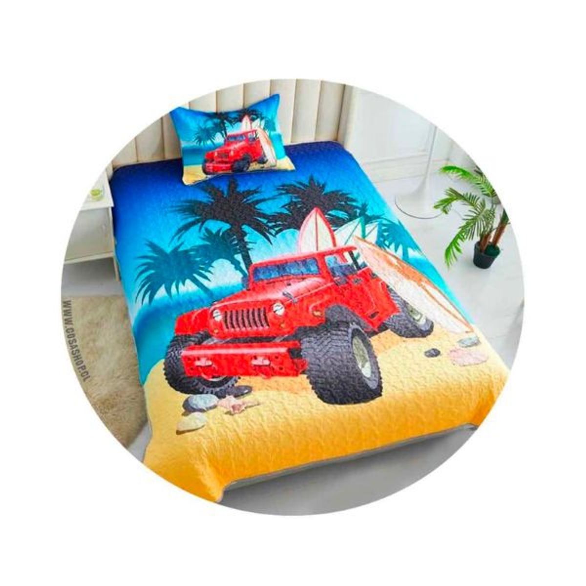 GENERICO - Cubrecama Quilt Verano 1 1/2 plaza - Jeep 4x4 Rojo WG20