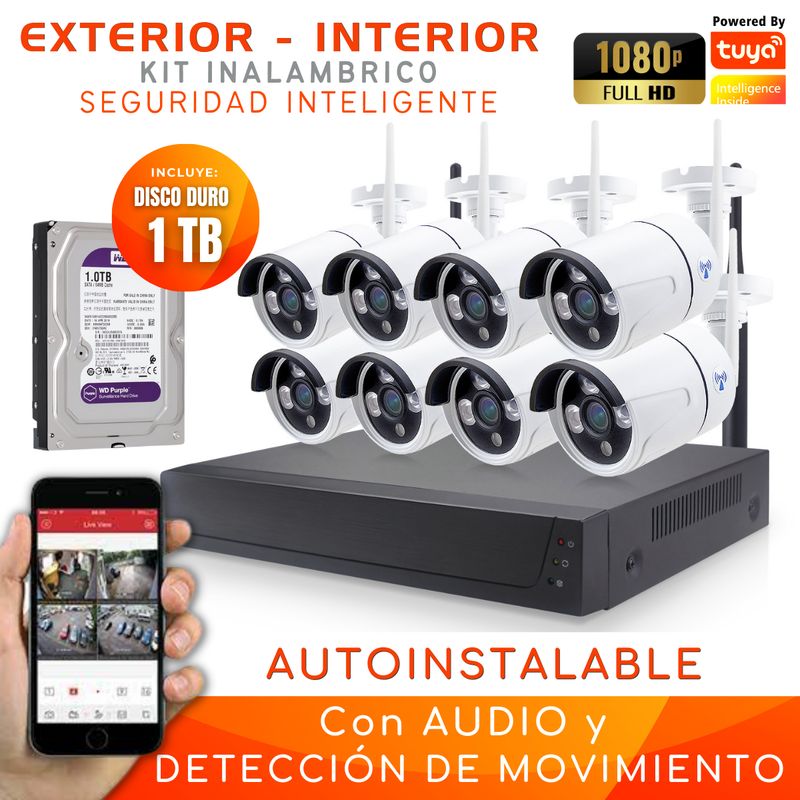 D MOTICA - Kit 8 Cámaras Inalámbricas Full Hd Con Audio y Alarma-Disco Duro 1tb