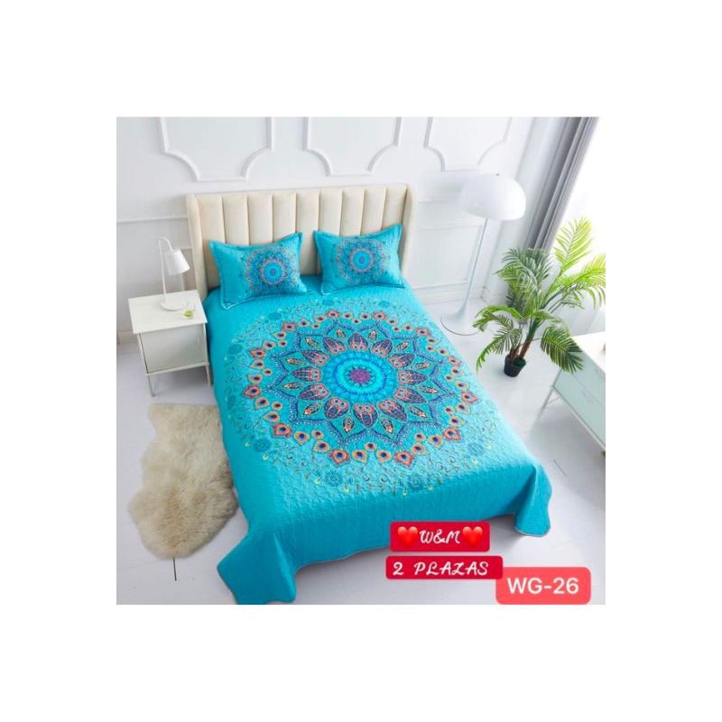 GENERICO - Cubrecama Quilt Verano 2 Plazas - Celeste Mándala WG26