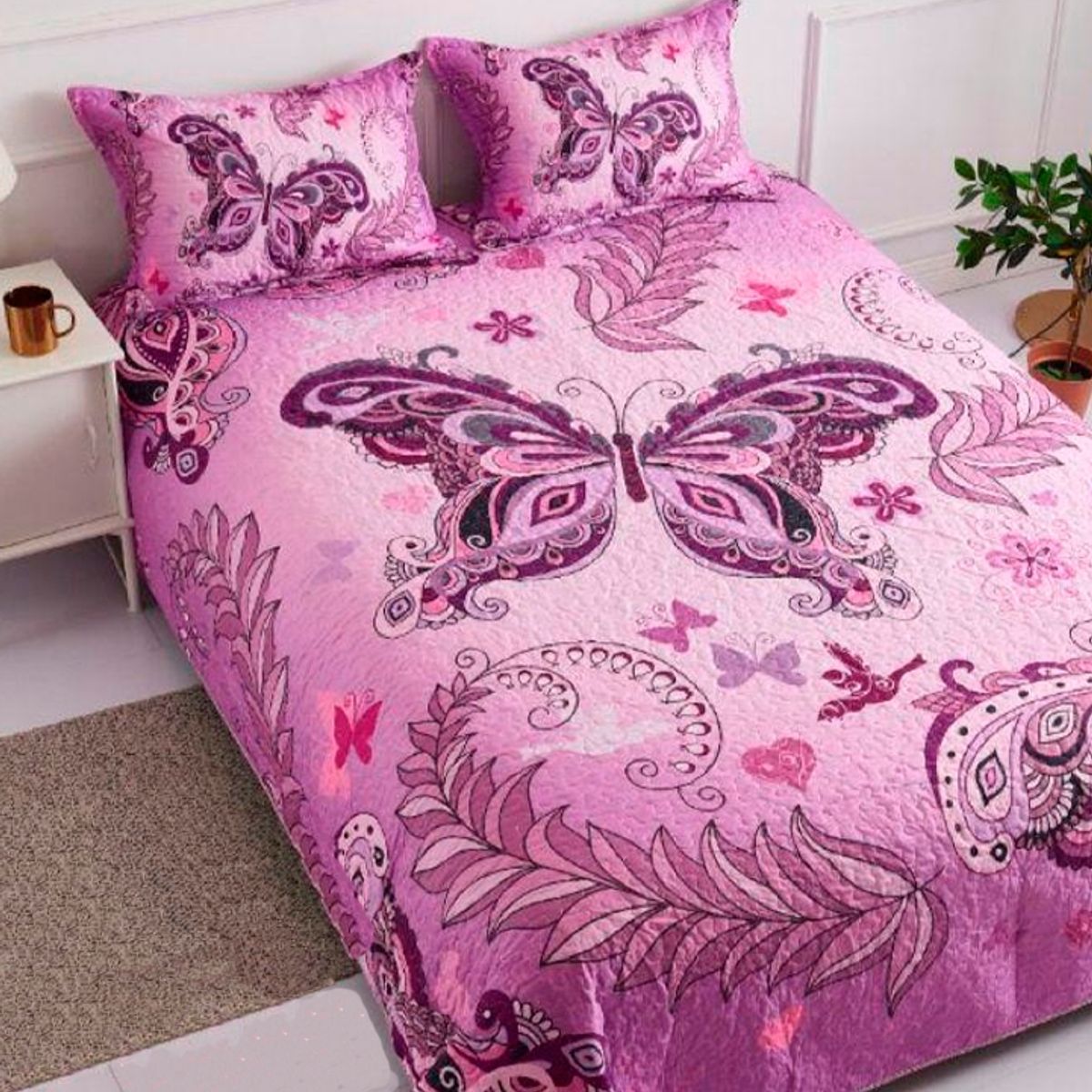 GENERICO - Cubrecama Quilt Verano 2 Plazas - Mariposa Rosada WM69