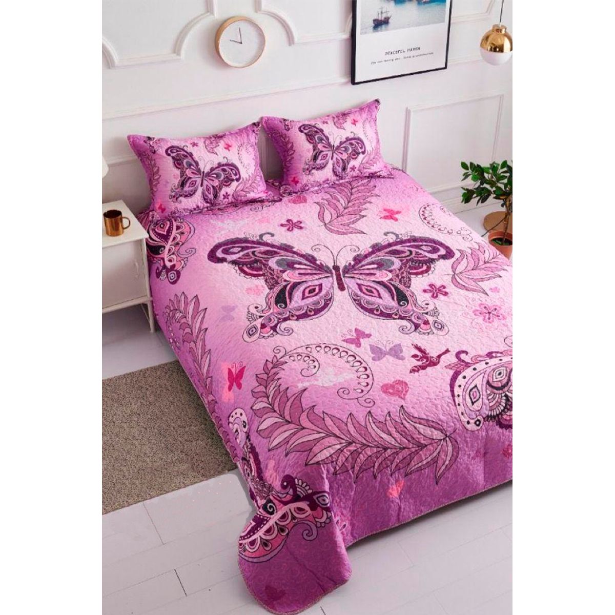 GENERICO - Cubrecama Quilt Verano 2 Plazas - Mariposa Rosada WM69