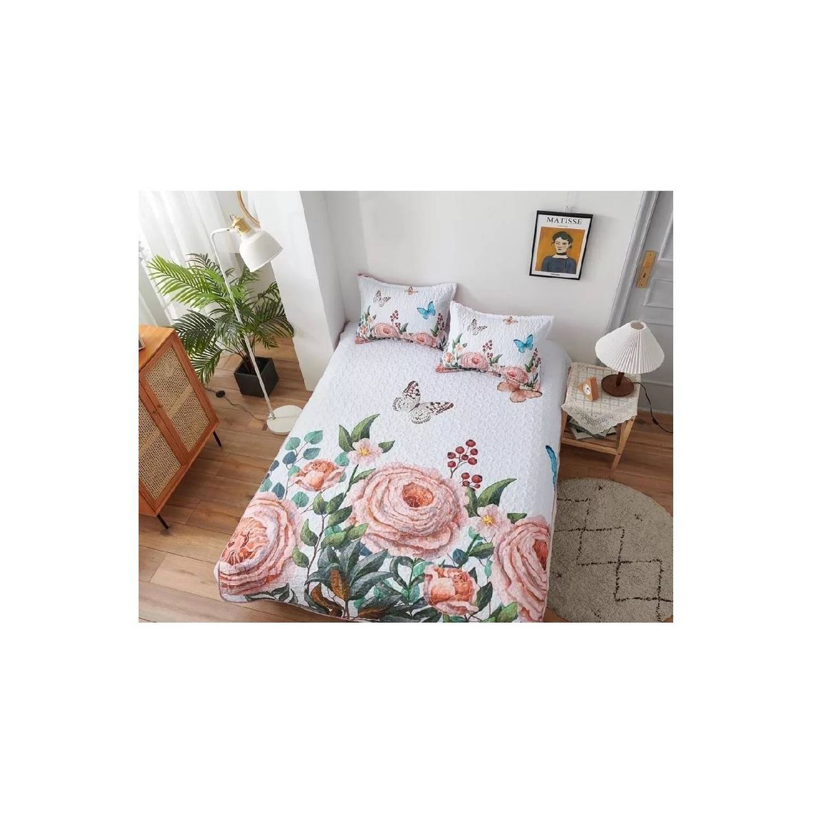 GENERICO - Cubrecama Quilt Verano 2 Plazas - Blanco Rosas WG57