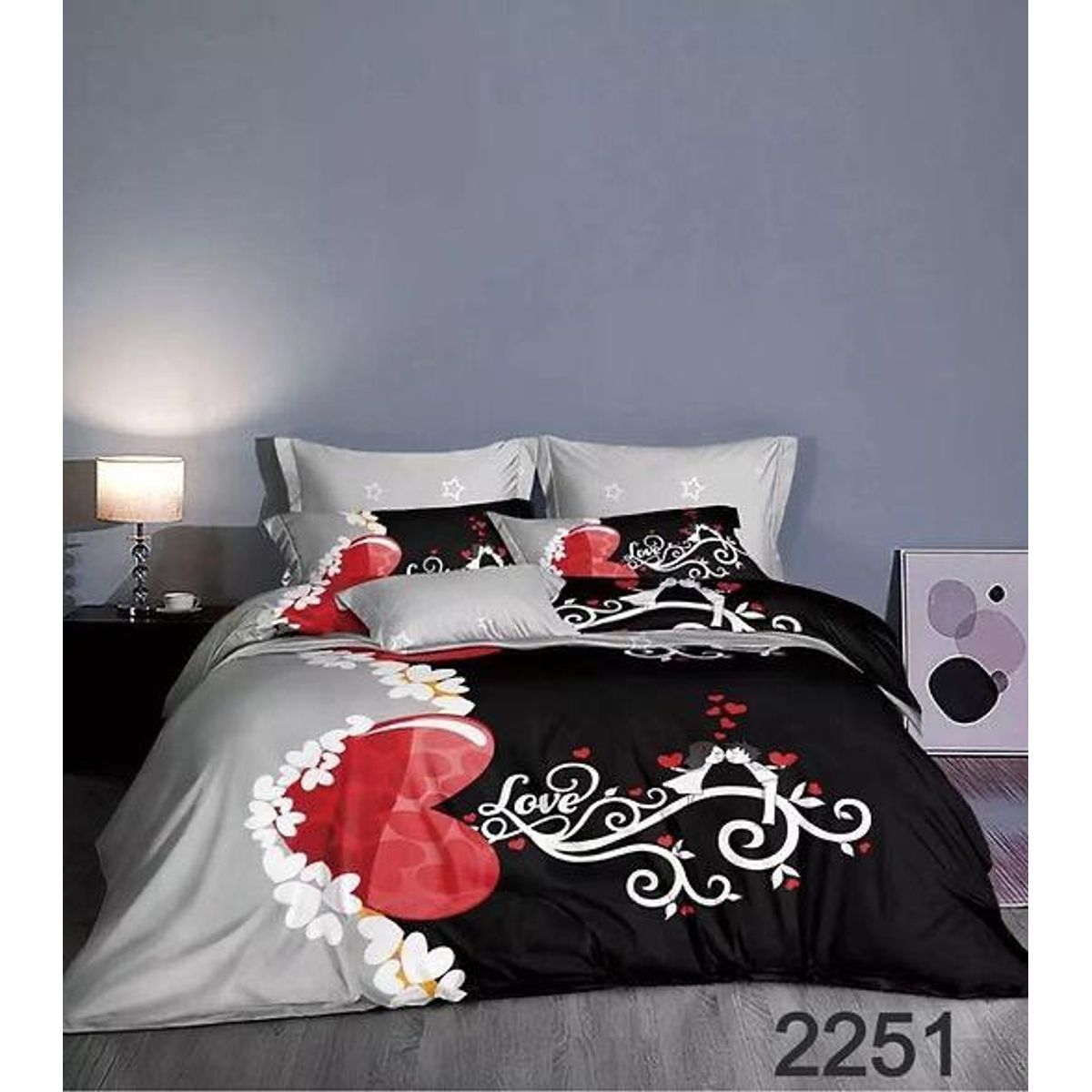 GENERICO - Cubrecama Quilt Verano 2 Plazas - Negro Gris Corazones 2251
