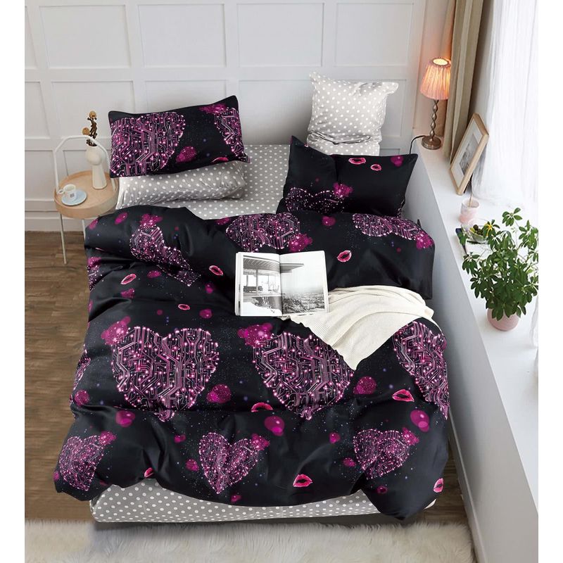 GENERICO - Cubrecama Quilt Verano 2 Plazas - Negro Corazones M13321